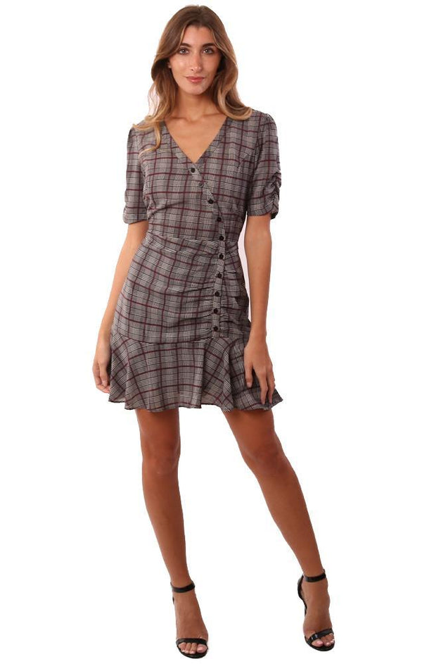 Heartloom Dresses Pouf Sleeve Button Front Ruffle Hem Plaid dress