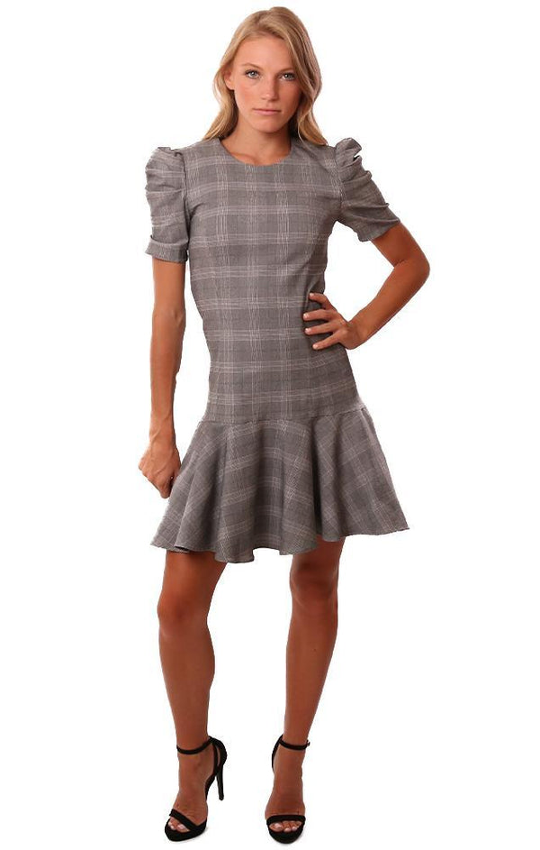 Amanda Uprichard Dresses Pouf Sleeve Flare Bottom Black White Checked Mini Office Dress