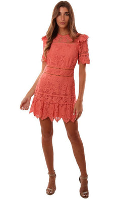 Saylor Dresses Open Back Ruffle Detail Lace Cutout coral Mini