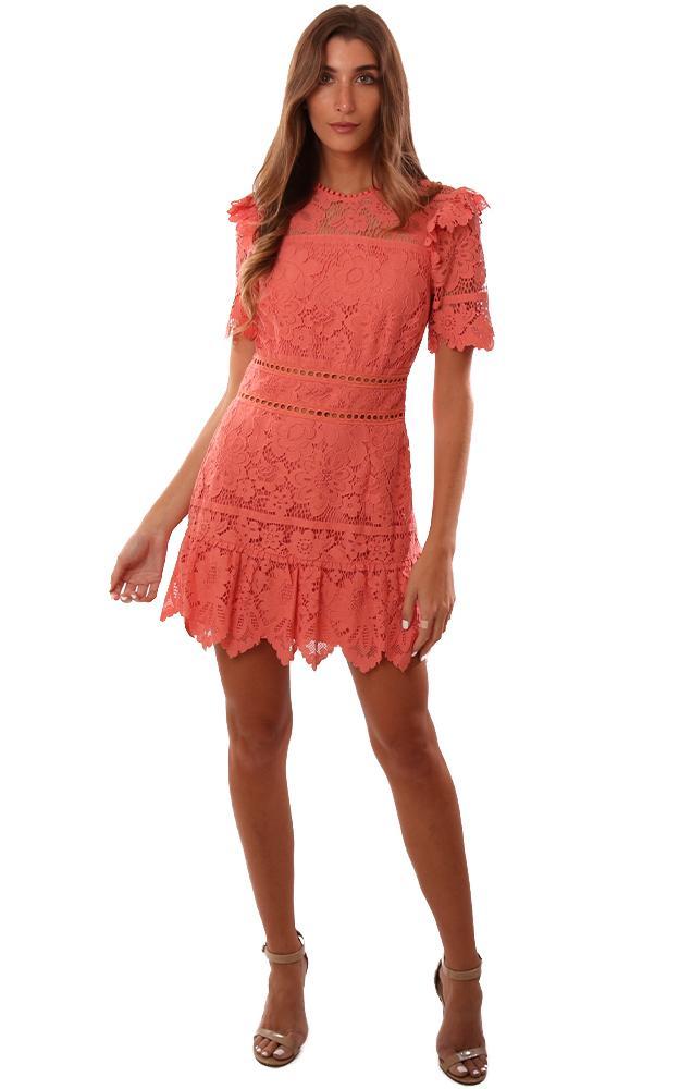 Saylor Dresses Open Back Ruffle Detail Lace Cutout coral Mini