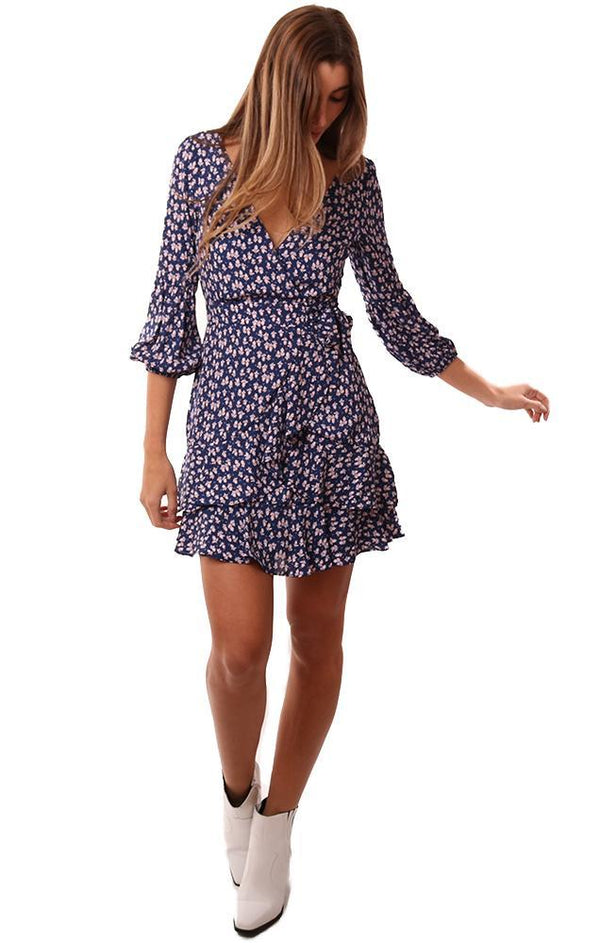 Likely Dresses V Neck Wrap Front Ruffle Floral Printed Mini Blue Dress