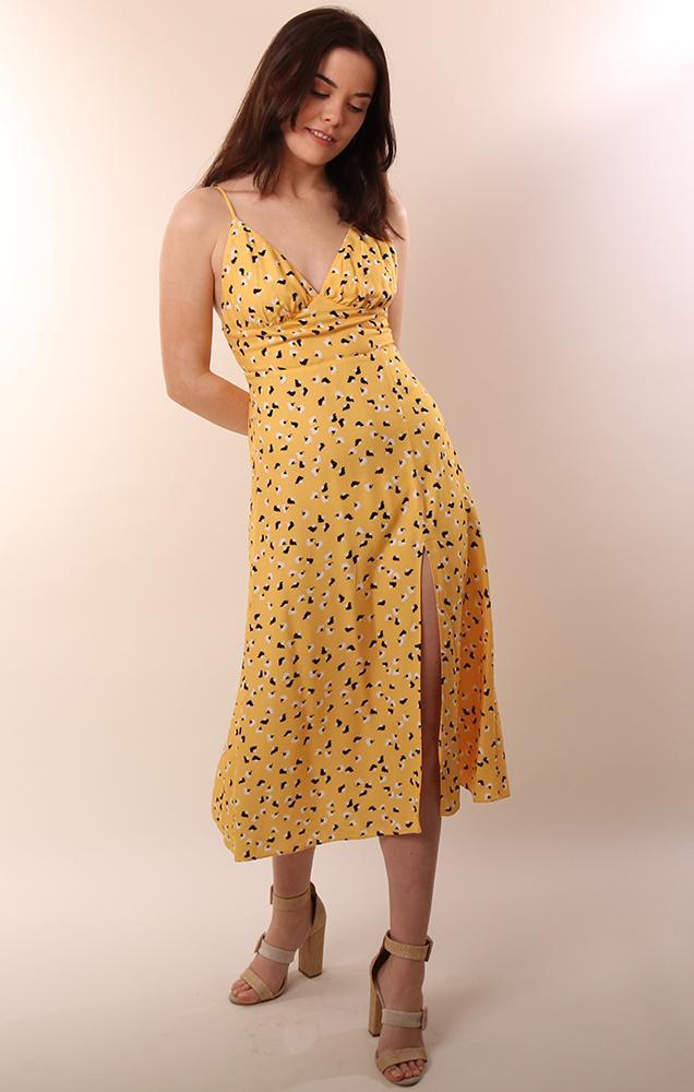 Amanda Uprichard Dresses Midi Length Floral Print Yellow Party Dress