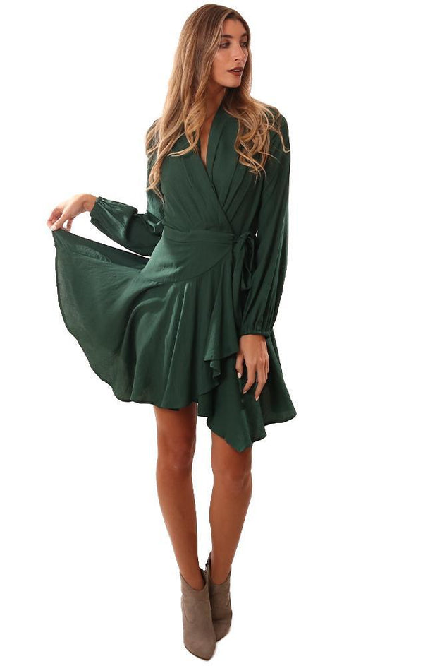 Dresses Long Sleeve Ruffle V Neck Wrap Style Silky Green Mini 