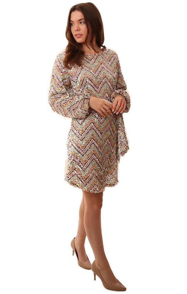 Dresses Long Sleeve Multi Colored Sequin Tie Waist Formal Holiday Dress