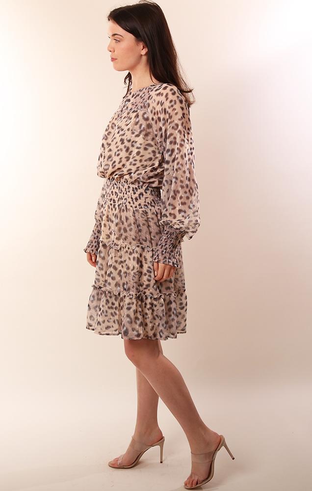 Dresses Smocked Waist Long Sleeve Layered Ruffle Cheetah Midi Dress