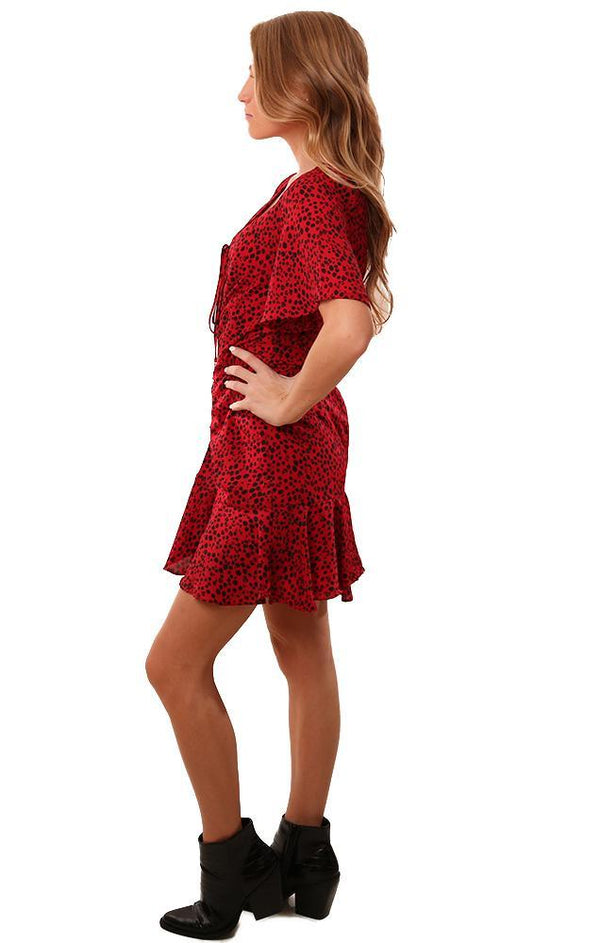 BB Dakota Dresses V Neck Ruched Front Animal Print Ruffle Red Holiday Dress