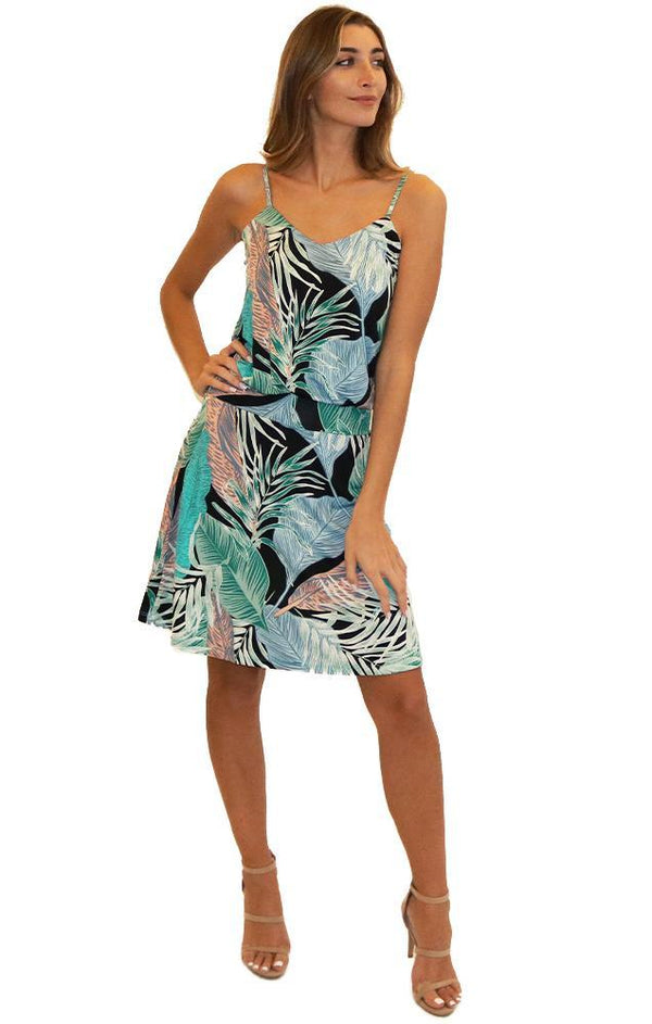 Veronica M Dresses Sleeveless Drop Waist Tropical Print Mini tank Dress