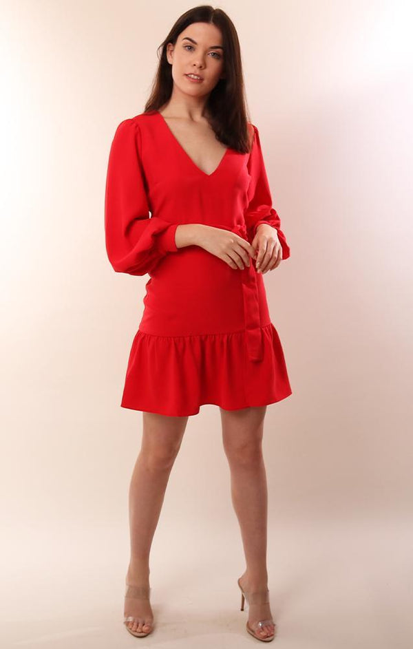 Amanda Uprichard Dresses V Neck Red Mini Ruffle Hem Dress