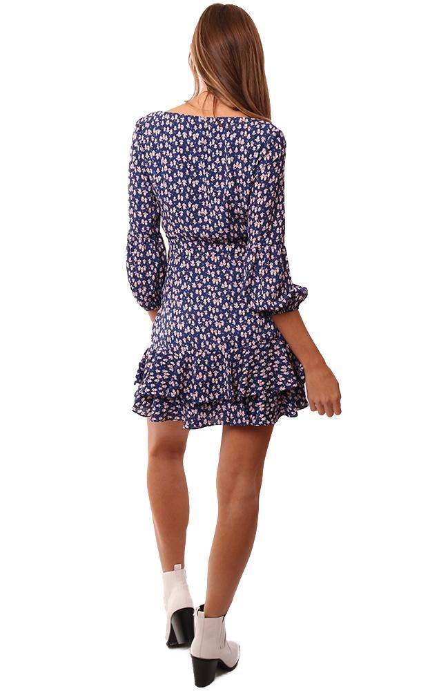 Likely Dresses V Neck Wrap Front Ruffle Floral Printed Mini Blue Dress