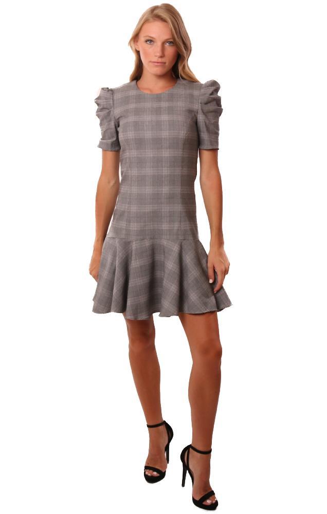 Amanda Uprichard Dresses Pouf Sleeve Flare Bottom Black White Checked Mini Dress