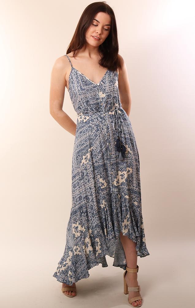 Dresses V Neck Button Front Hi Low Ruffle Printed Blue Printed Maxi