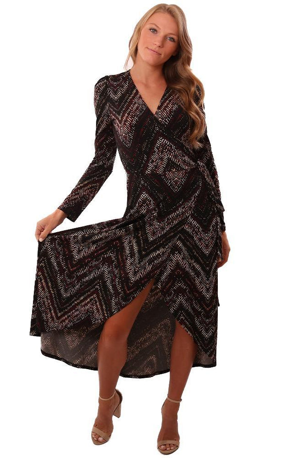 Veronica M Dresses Long Sleeve V Neck Tie Waist Printed Maxi Dress