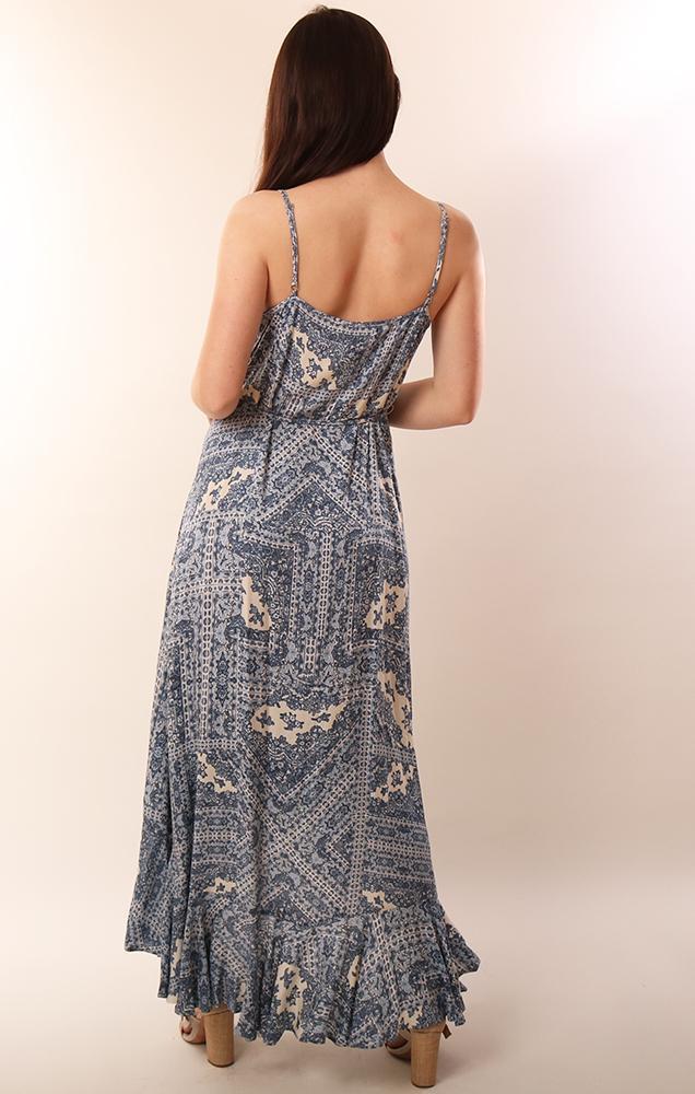 Dresses V Neck Button Front Hi Low Ruffle Printed White Blue Printed Maxi