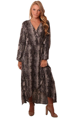 Veronica M Dresses Long Sleeve V Neck Woven Tie Waist Printed Wrap Maxi