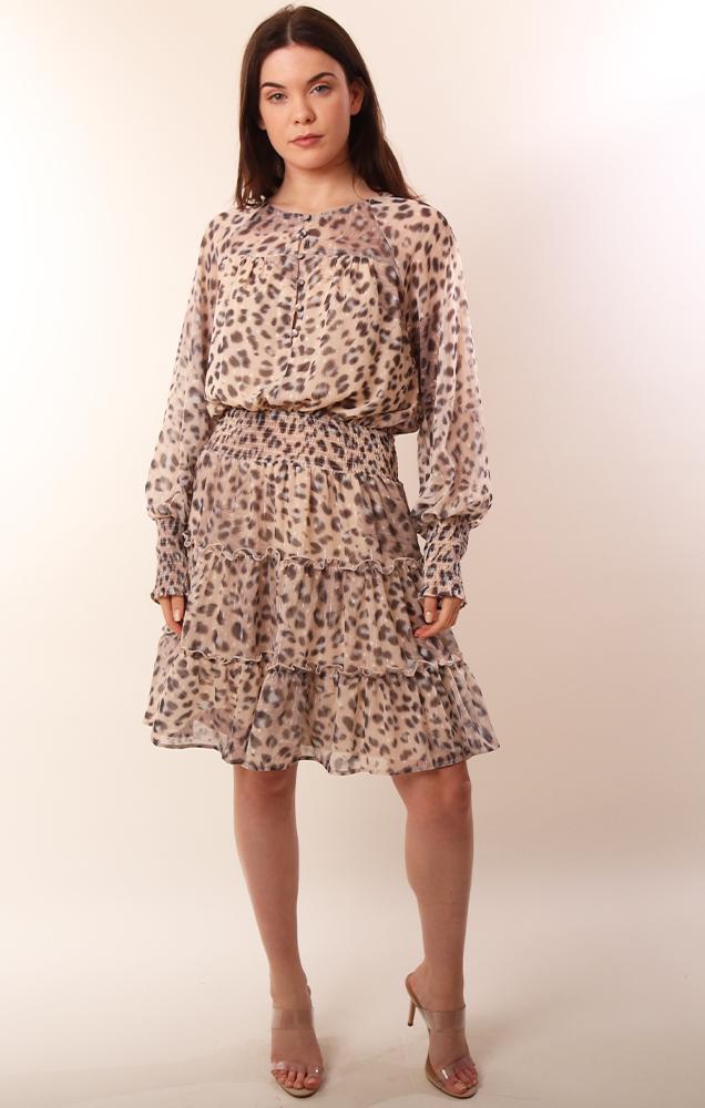 Dresses Smocked Waist Long Sleeve Layered Ruffle Cheetah Dress