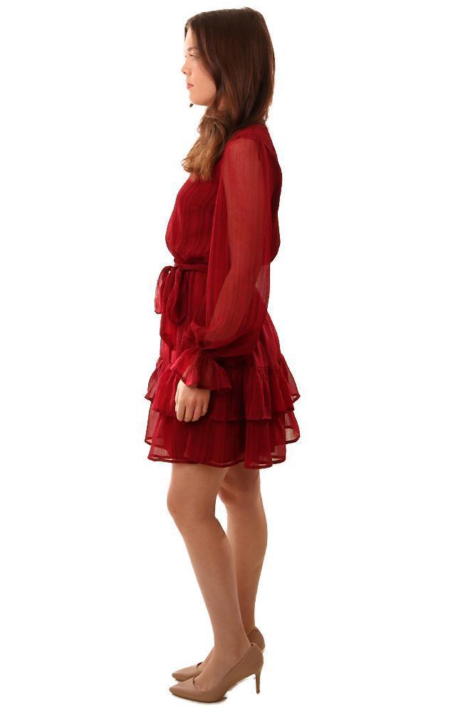 Dresses Long Sleeve Tie Waist Layered Ruffle Burgundy Holiday Mini Dress