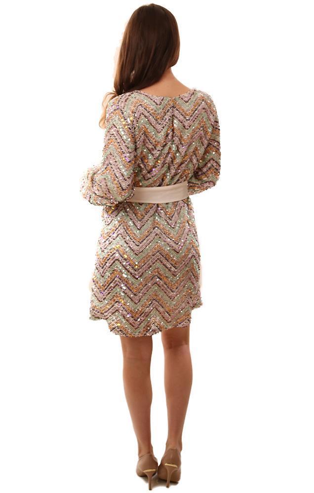 Dresses Long Sleeve Multi Colored Sequin Tie Waist Formal NYE Mini Dress