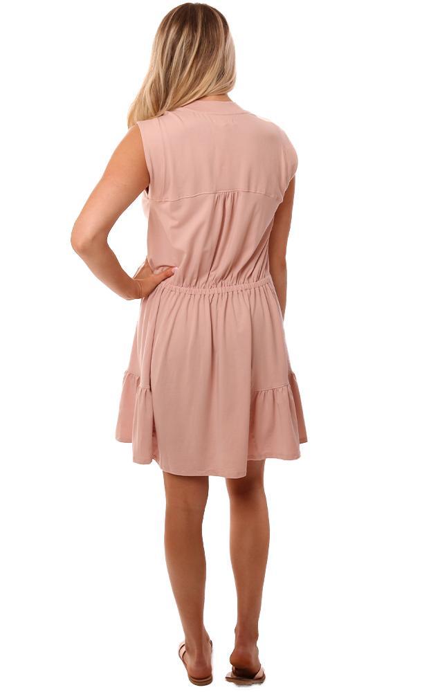 Grey State Dresses V Neck Sleeveless Drawstring Ruffle Hem Pink Beach mini Dress