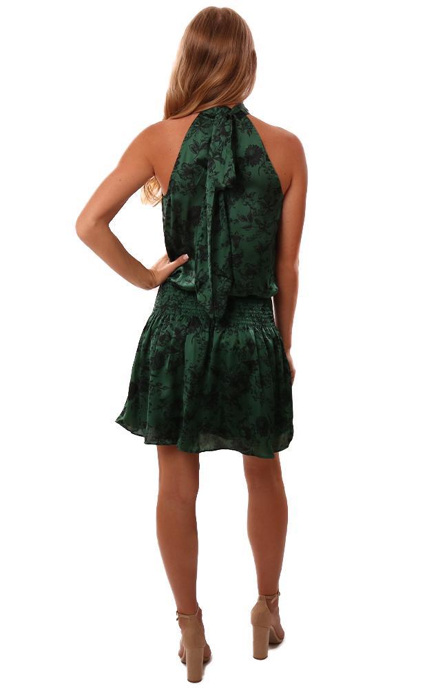 Do & Be Dresses Halter Tie Neck Floral Printed Sleeveless Green Silky Mini Dress