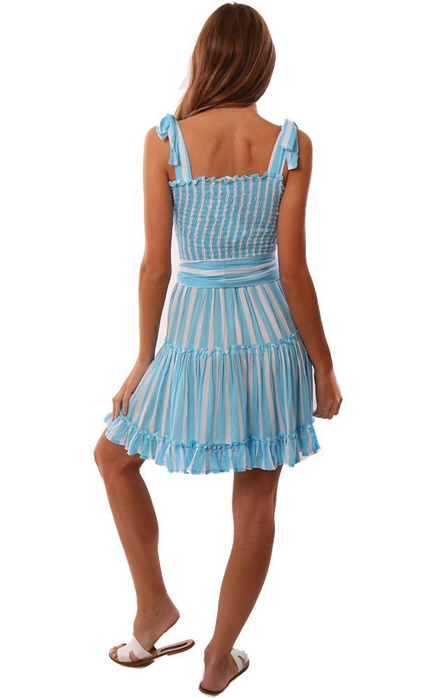 Cool Change Dresses Smocked Top Ruffle Trim Tie Waist Blue White Striped Beach mini