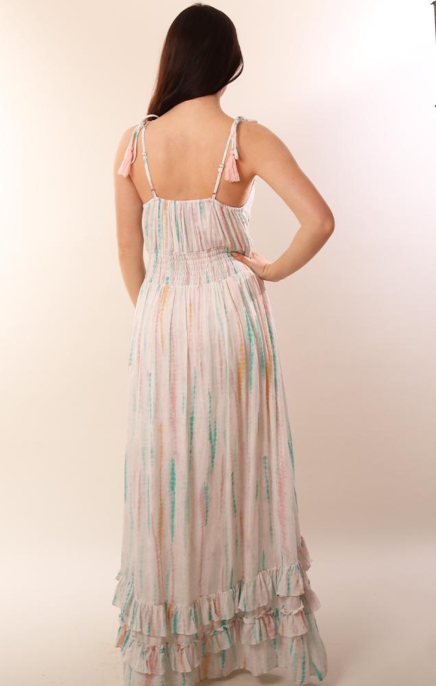 Dresses V Neck Tassel Tie Flowy Tie Dye Spring Summer COlorful Maxi Dress