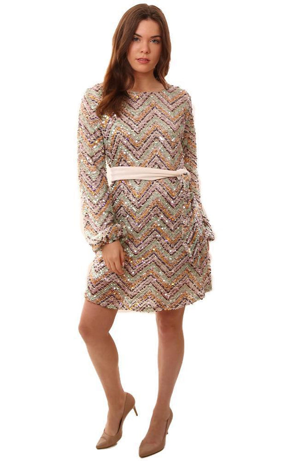 Dresses Long Sleeve Multi Colored Sequin Tie Waist Formal Mini Dress