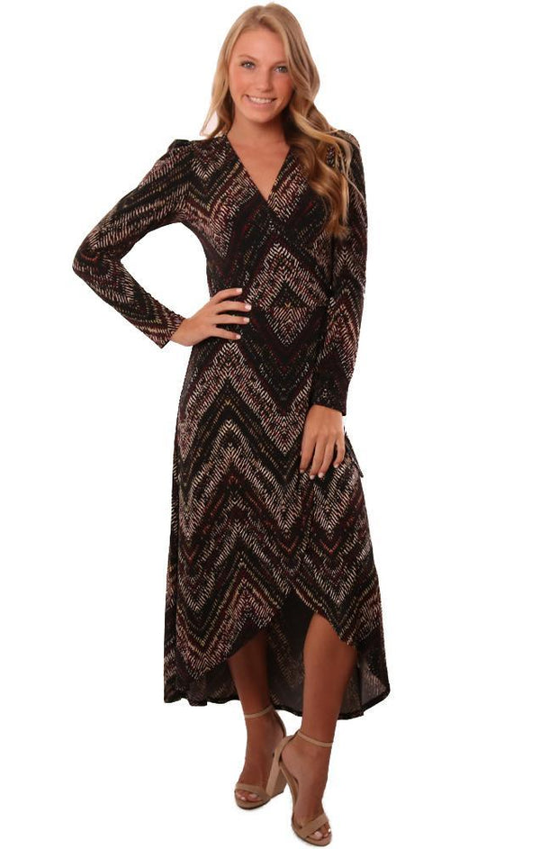 Veronica M Dresses Long Sleeve V Neck Tie Waist Printed FLowy maxi