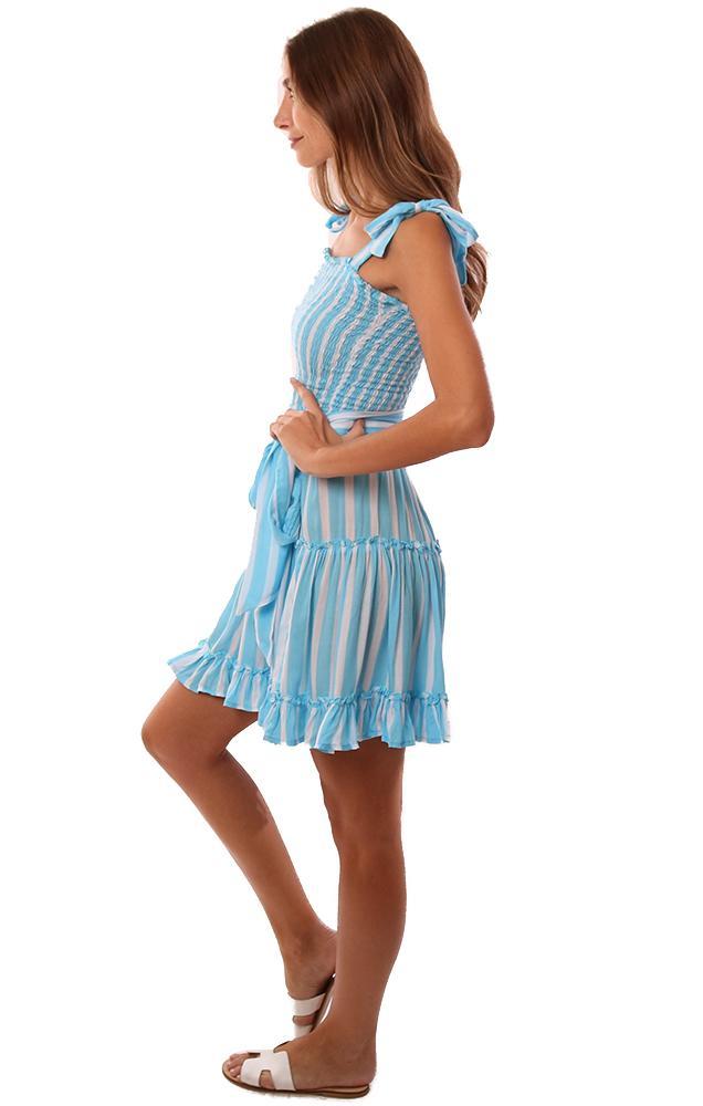 Cool Change Dresses Smocked Top Ruffle Trim Tie Waist Blue White Striped Mini 