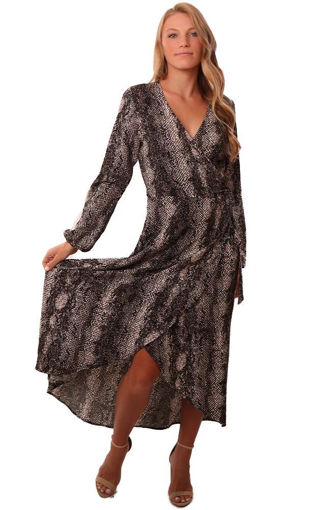 Veronica M Dresses Long Sleeve V Neck Woven Tie Waist Printed Maxi Dress