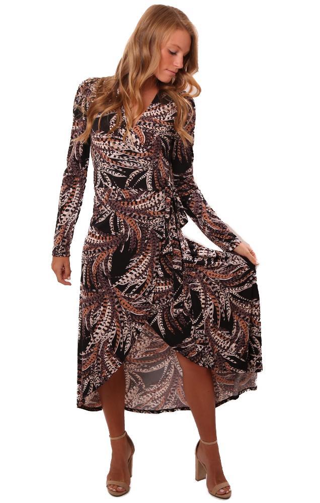 Veronica M Dresses Long Sleeve V Neck Tie Waist Printed Maxi Flowy Dress