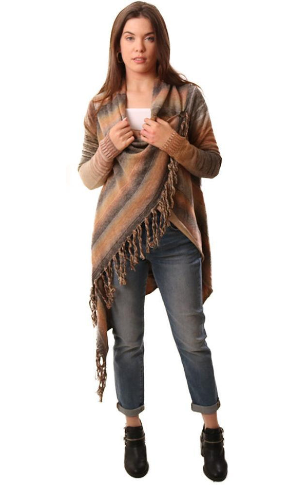 Sweaters Striped Brown Wrap Fringe Cardi