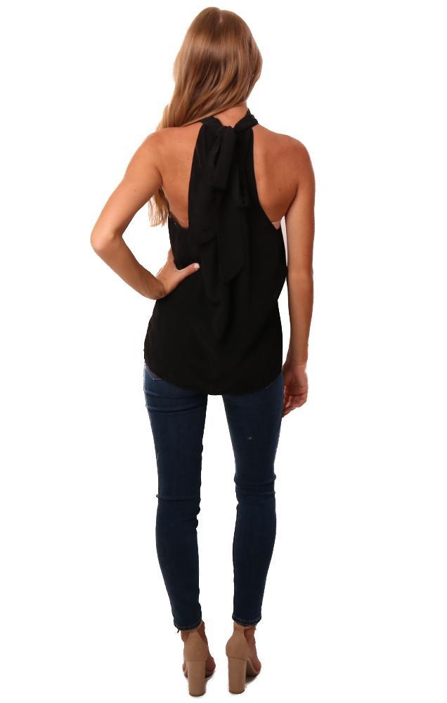 Red Haute Tops Halter Tie Neck Sleeveless Black Dressy Top