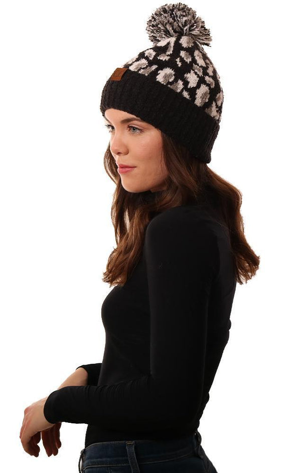 Cozy Knit Pom Pom Foldover Leopard Print Black Beanie