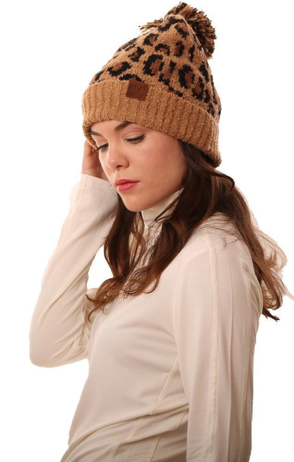 Cozy Knit Pom Pom Foldover Leopard Print Tan Warm Beanie