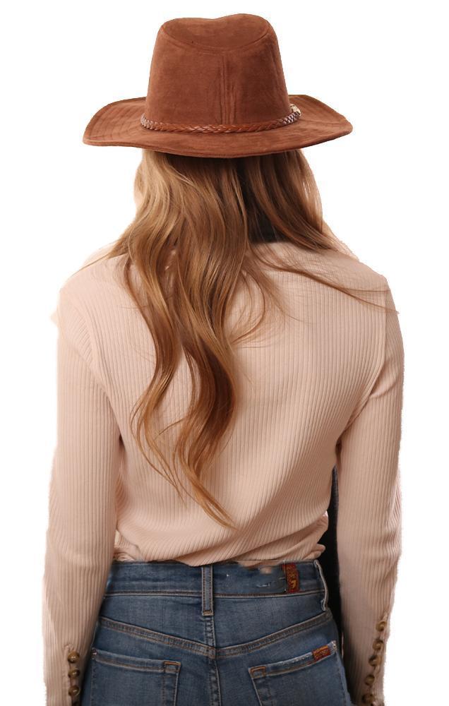 Hats Faux Suede Panama Style Braided Band Flat Brim Boho Chic Brown hat