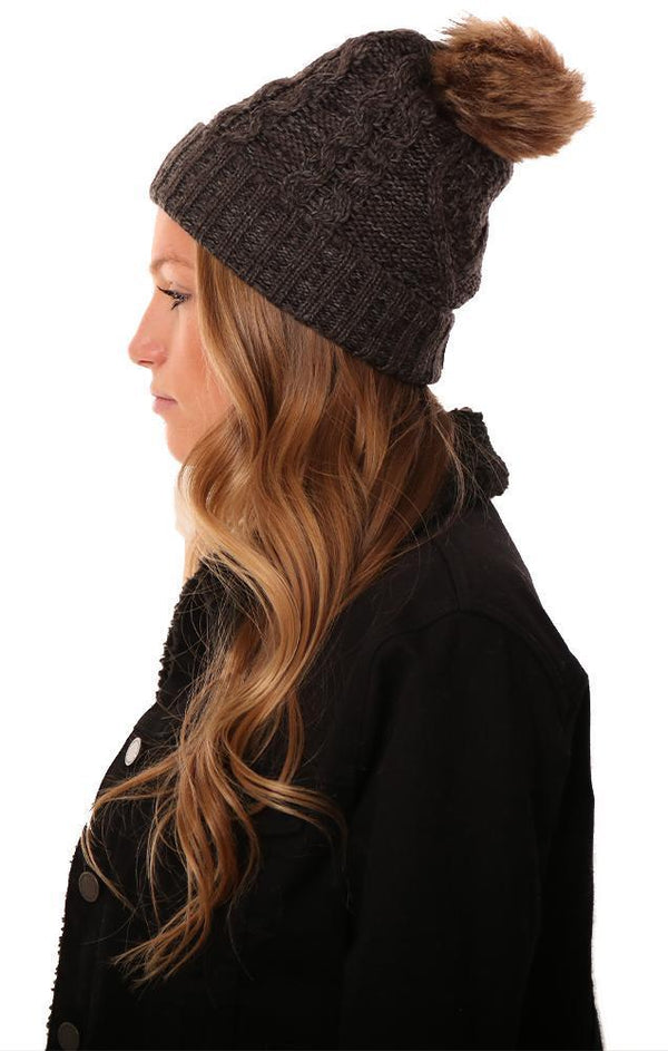 Hats Cozy Knit Faux Fur Pom Pom Grey Beanie