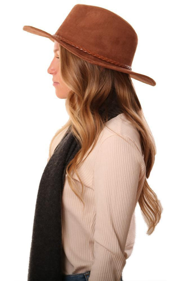 Hats Faux Suede Panama Style Braided Band Flat Brim Boho Hat