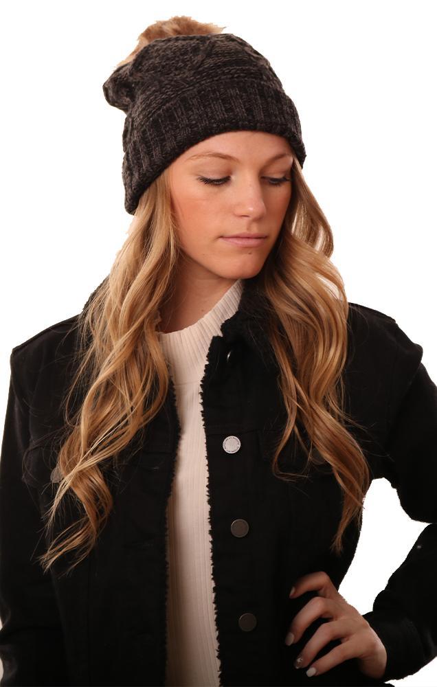 Hats Cozy Knit Faux Fur Pom Pom Black Beanie