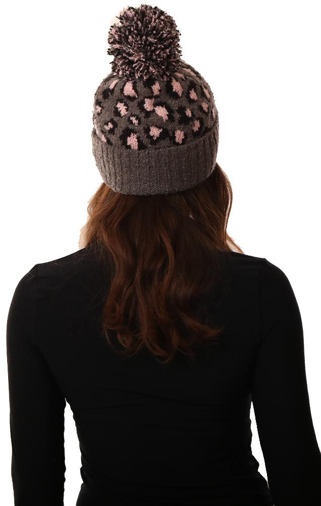 Cozy Knit Pom Pom Foldover Leopard Print Grey Warm hat