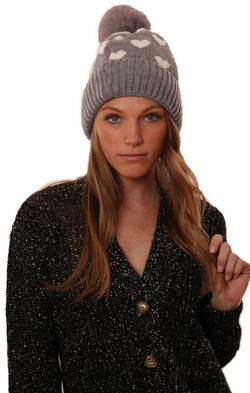 Cozy Knit Pom Pom Foldover Heart Print Grey Winter hat