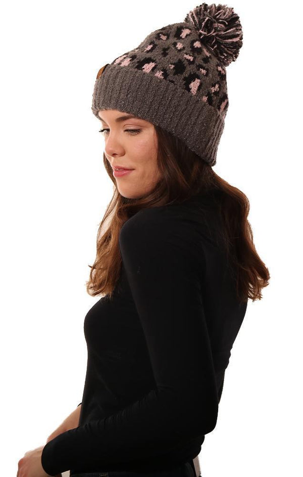 Cozy Knit Pom Pom Foldover Leopard Print Grey Warm Winter Beanie