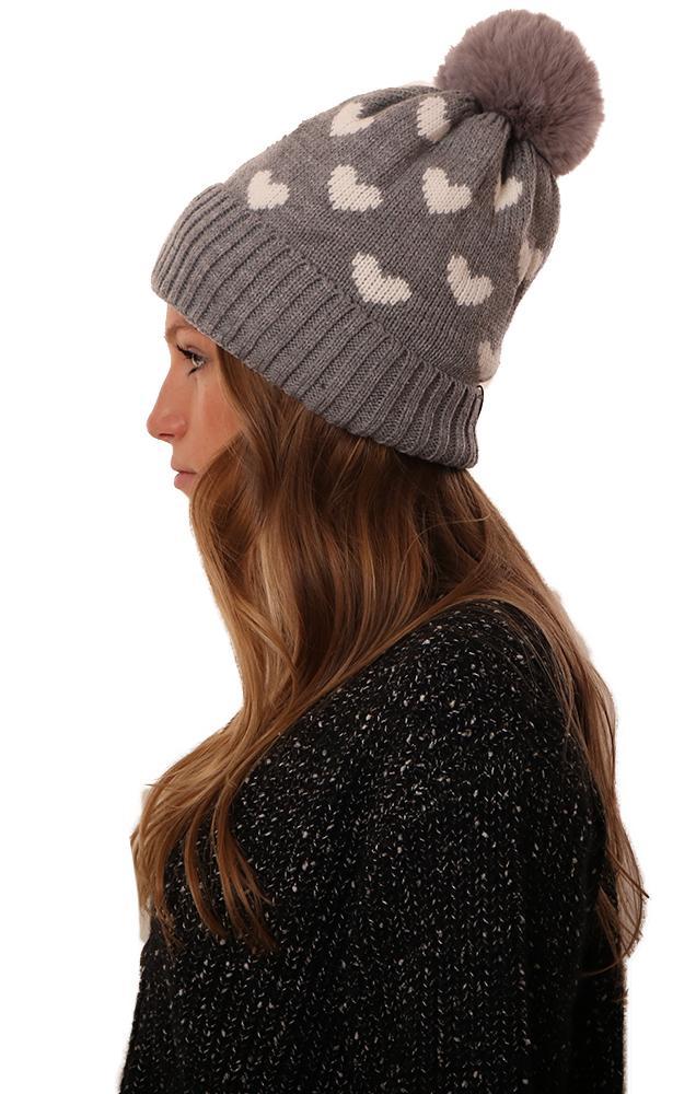 Cozy Knit Pom Pom Foldover Heart Print Grey Winter Beanie