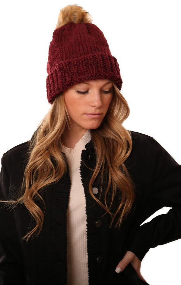 Hats Cozy Knit Faux Fur Pom Pom Foldover Winter Burgundy Red Beanie