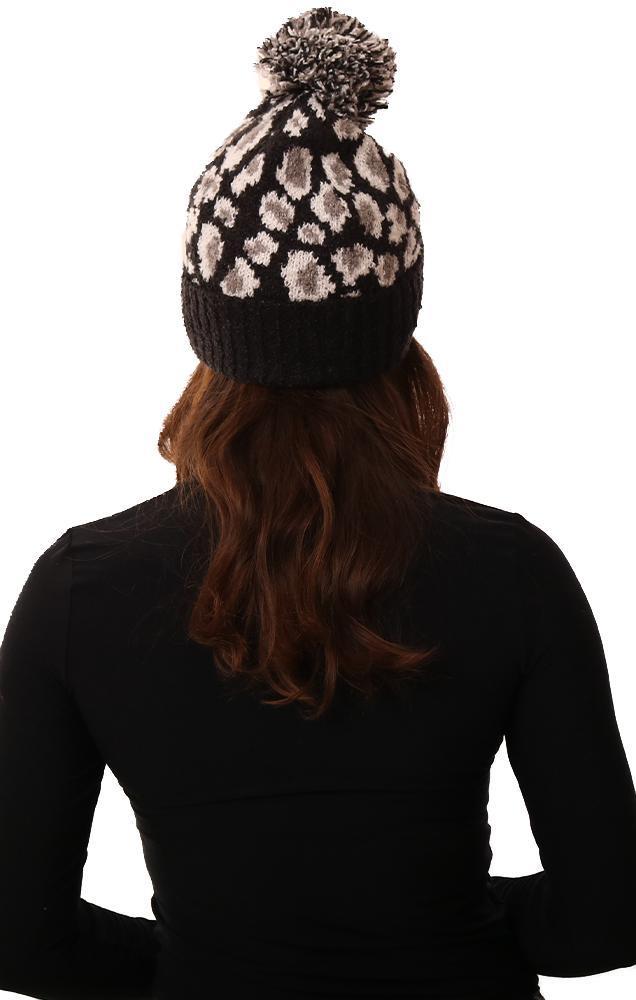 Cozy Knit Pom Pom Foldover Leopard Print Black Hat