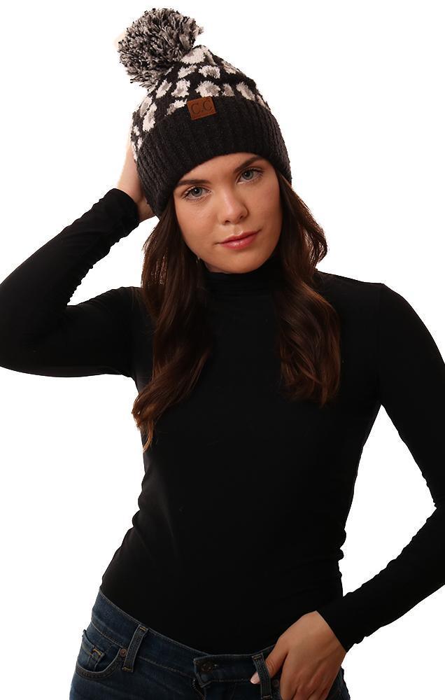 Cozy Knit Pom Pom Foldover Leopard Print Black Winter Beanie