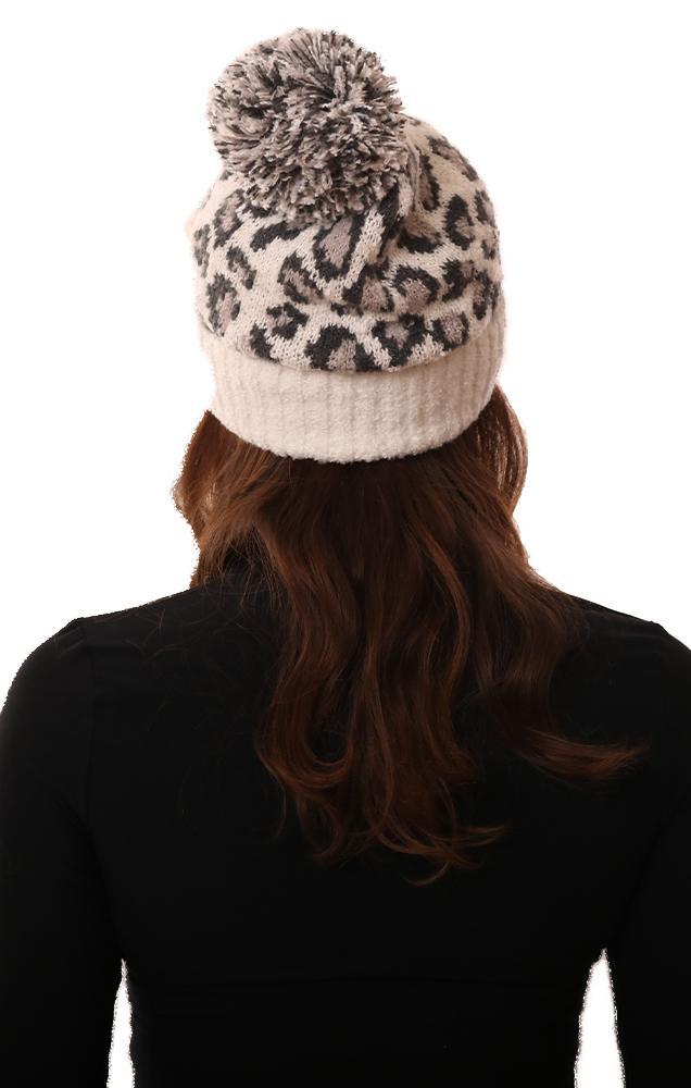 Cozy Knit Pom Pom Foldover Leopard Print Ivory Warm Winter Hat