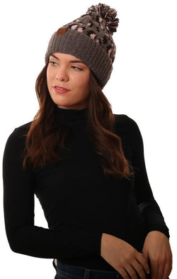 Cozy Knit Pom Pom Foldover Leopard Print Grey Warm Winter Hat