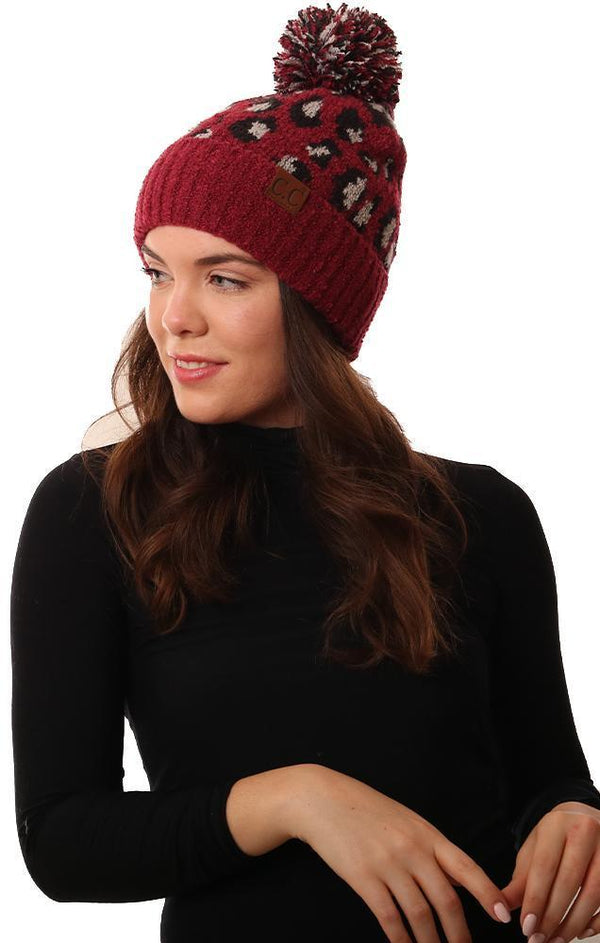 Cozy Knit Pom Pom Foldover Leopard Print Burgundy Warm Knit Hat