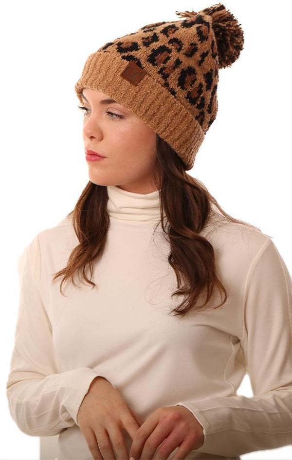 Cozy Knit Pom Pom Foldover Leopard Print Tan Warm Beanie Hat