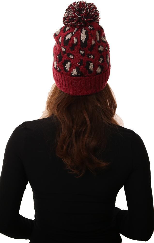 Cozy Knit Pom Pom Foldover Leopard Print Burgundy Knit Hat